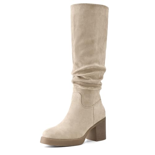 Shoe'N Tale Knee High Boots for Women Chunky Heel Platform Slouchy Stretchy Suede Round Toe with Side Zipper Fall and Winter Fashion Comfortable Boots(9,Khaki)