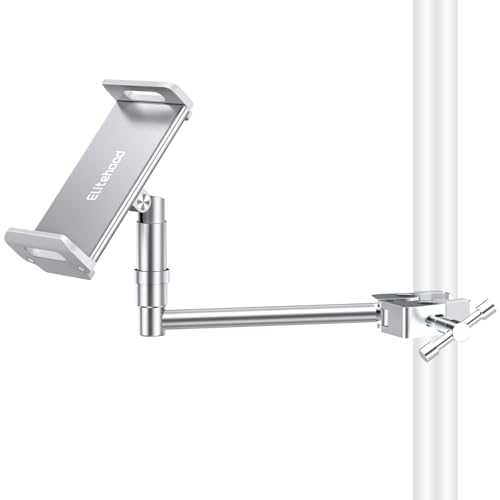 elitehood Aluminum iPad Holder for Mic Stand, Side Mount iPad Music Stand Holder for Microphone, 360° Swivel Tilt Adjustable Mic Tablet Mount for 4-13in iPhone, Cell Phones and Tablets, Sliver