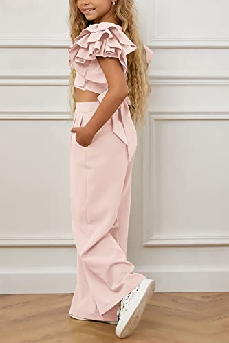 Bigeoosh Girls Summer Clothes Outfits Sets Petal Sleeve Short T-Shirt Tie Back And Wide Leg Pants With Pockets #TOP1