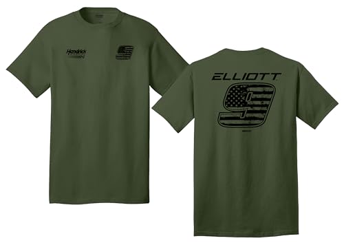 Checkered Flag Sports Chase Elliott 2025 Patriotic Number T-Shirt - Automotive Racing Apparel - Olive Large