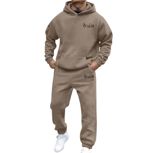 Generisch Chándal para hombre, sudadera con capucha y pantalones de jogging, traje de ocio de dos piezas, traje deportivo de competición, transpirable, ropa de correr, cálido, café, M