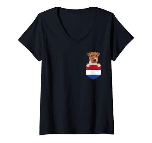 Womens Netherlands Flag Russell Terrier Dog In Pocket V-Neck T-Shirt, Black