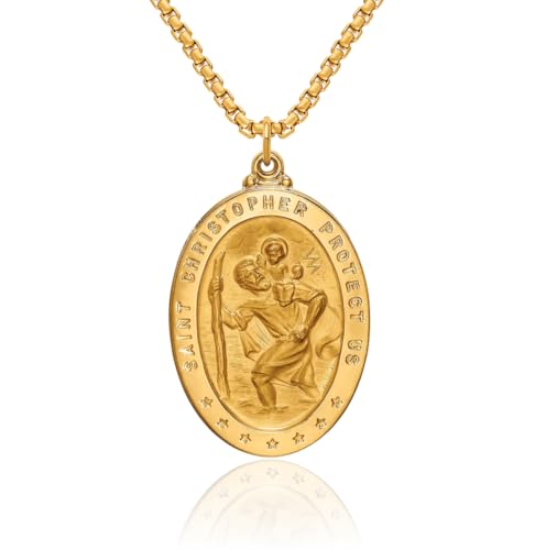 IceCarats 14K Solid Yellow Gold Oval Saint Christopher Medal Patron of Travelers Athletes Protection Necklace Christian Religious Chain Pendant Faith Charm