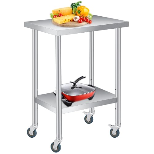 Stainless Steel Table, 18" x 24" Prep Workstation, 1000 LBS, NSF Commercial Work Table with Adjustable Undershelf and Lockable Casters, for Restaurant, Home, Kitchen, Hotel, Outdoor