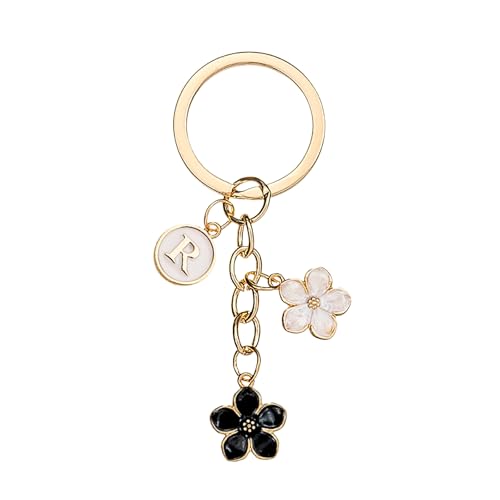 AYYSHULAN Niedlicher Blumen-Schlüsselanhänger mit Initialenbuchstaben, Taschenanhänger, ästhetisches Zubehör, Geldbörse, Hängetaschen, Rucksäcke für Damen, Schwarz-Weiß-r, Einheitsgröße