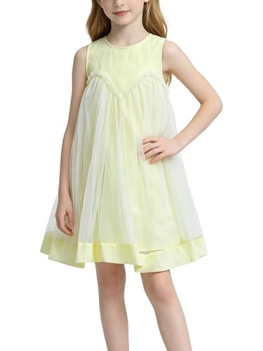 Girls Sleeveless Tulle Dress Heart Ruffle A-Line Casual Party Dress with Soft Lining for Birthday Wedding Summer Sizes 3-12 (Little Kid Girls White 5-6Y)