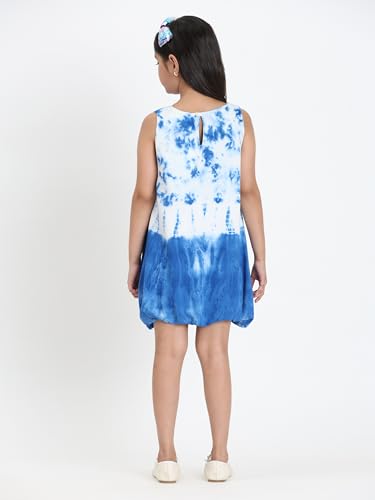 Image of Maaesa Girls' Tie Dye Rayon Staple Blue Dress | Sleeveless | Round Neck | Soft & Breathable | Casual