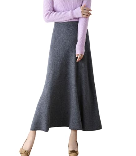 Ailaile Long Skirt Women's Fall Winter 100% Merino Wool Knitted Skirt Ribbed Elastic Solid Warm Sweater Skirts Dark Grey