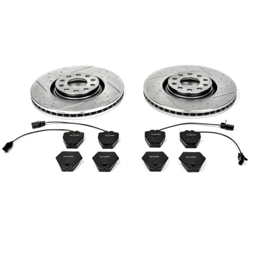 Image of PowerStop Front Brake Kit for Audi A6 Quattro 2000-01 |Allroad Quattro 2001-05 |S4 2000-02 - Drilled and Slotted Disc Rotors with Carbon-Fiber Ceramic Brake Pads Replacement, K886