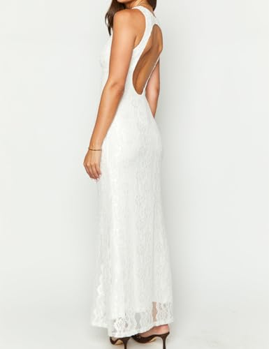 Image of Elegant Lace Floral V Neck Backless Bodycon Dresses for Women Sexy Cut Out Low Back Sleeveless Maxi Dress Wedding Guest