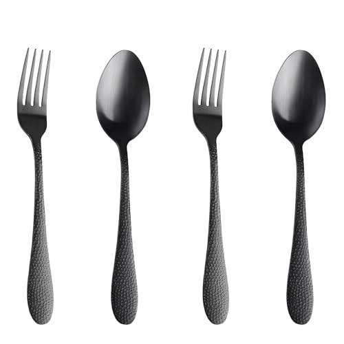 Image of Charcoal Black Hammered 4-Piece Cutlery Set | 2 Tablespoons & 2 Dinner Forks (8.1 inch) | Durable Stainless Steel Tableware for Home, Restaurants, and Gift Giving