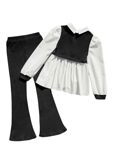 Image of MakeMeChic Girl's Two Piece Outfits Rib Knit Collared Puff Sleeve Peplum Blouse Top and Flare Leg Pants Set Black and White 10Y