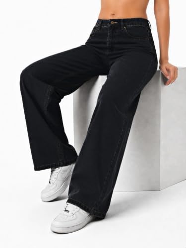 Image of Women's High Rise Wide Leg Denim Jeans | Stretchable Casual Blue Jeans for Women | Classic 5 Pocket Style | Comfortable Everyday Wear