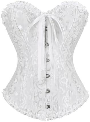 frawirshau Women's Lace Up Boned Overbust Corset Bustier Lingerie Bodyshaper Top, White, M