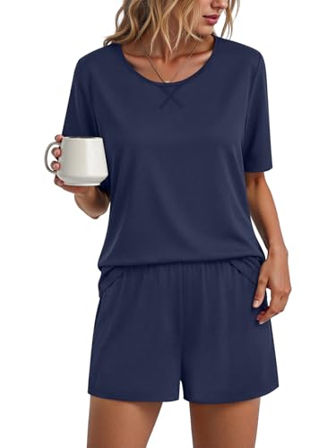 Image of Findsweet Pajama Set for Women 2 Piece Lounge Set Soft Sleepwear Summer Casual Short Pjs Sets with Pockets M-3XL