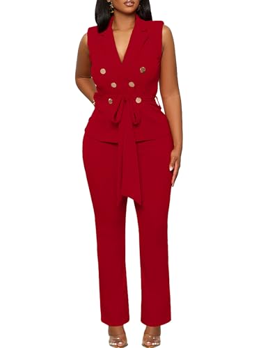 Blazer Pants Suits for Women Dressy Sleeveless Vest with Belt Wide Leg Pants 2 Piece Outfits Business Set Casual Suiting