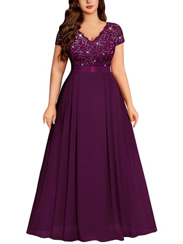 Image of Miusol Women's Plus Size Sequin Floral Lace V Neck Formal Gowns Evening Party Chiffon Maxi Dress