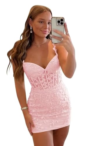 Molisa Lace Tulle Homecoming Dresses for Teens Tight Short Sapghetti Straps Bodycon Evening Party Dresses for Women