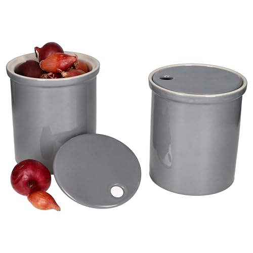 MamboCat Oskar Lot de 2 boîtes de conservation M en gris I Ø 16 cm I Pot à oignons avec couvercle en argile blanche pour votre cuisine I Boîte de rangement cylindrique élégante pour légumes I Idéal
