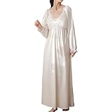 Homgro Women's Victorian Nightgown Cotton Vintage Sleep Dress Long Sleeve V Neck Old Fashioned Princess Nightdress Night Gown White Large