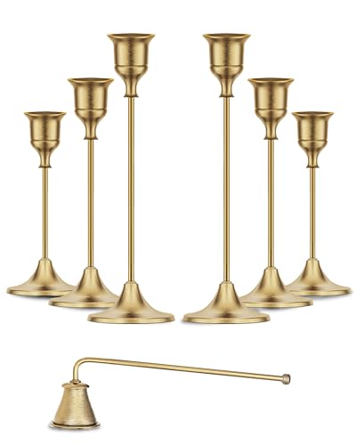 Gold Candleholders for Taper Candlesticks Plus Candle Snuffer – Dining Table Décor Centrepiece - Brass Candelabra Candlestick Holder - Gold Décor for Home Weddings Celebrations Events (Set of 6 Pcs)