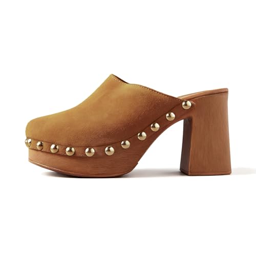 KISSASA Women Platform Clogs Studded Brown Suede Mules High Heel Cork Slip On Block Round Closed Toe Sandals Party Wedding Dress Shoes Brown Size 6.5