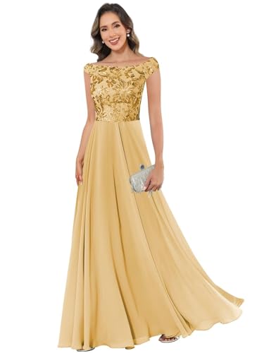 Boat Neck Mother of The Bride Dresses for Women Lace Sequin Floor Length Cap Sleeve Formal Dress