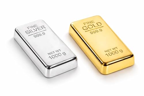 Image of ZAHEPA Realistic Metal Gold & Silver Bar Paperweight for Office Table, Fake Biscuit Paper Weight Table Decoration, Prop for Jewellery Shop & Heist Theme, Unique Gift for Home & Office (Pack of 2)
