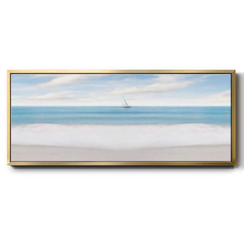 Renditions Gallery Seascape Wall Art Painting for Home Beautiful Beach Boat Scene Floater Frame Artwork Design for Bedroom Kitchen Office - 8"x20" Gold Frame LT618