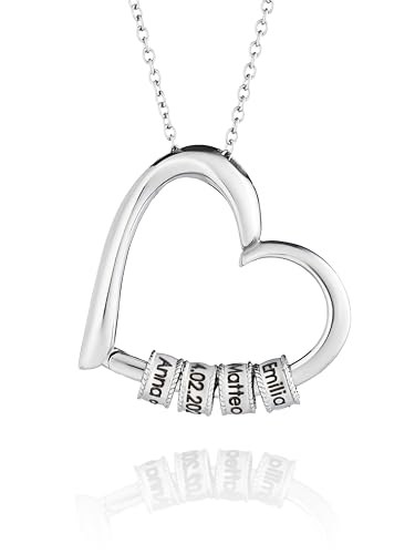 MYCLUSIV® Herzkette mit gravierten Perlen – Personalisierte Namenskette als Geschenk für Frauen & Mama – Damen Halskette aus Edelstahl mit Gravur (Silber)
