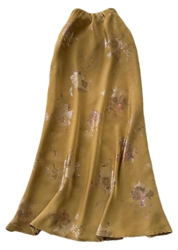 Women's Ankle Length Satin A Line Skirt with Zipper Vintage Floral Design