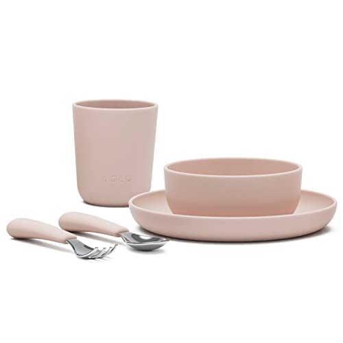 Image of Lalo Big Bites Kids Dinnerware Starter Set - Dishwasher Safe, BPA Free, Kids Tableware Set - Includes Stackable Bowl, Plate, Utensils & Cup - 5 Pieces - Grapefruit