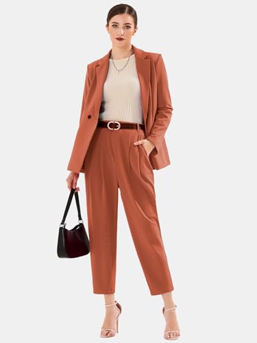 Image of EXLURA Women's Business Blazer and High Elastic Waist Pant Suit Set Loose Fit Casual Fall Winter 2 Piece Suits for Work