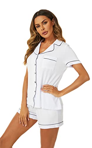 Image of Aamikast Button Up Pajama Set for Women Shorts Short Sleeve Knit Sleepwear 2 Pice Pjs Sets