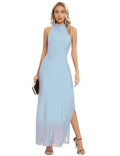 Image of Aigeman Women Vintage Flapper Dresses 1920s Great Gatsby Halter Fringed Maxi Dress Tassels High Split Formal Dress 19