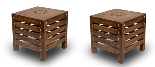 Image of SATTVA Wooden Stool Set of 2 for Living Room & Bedroom | Handmade Solid Mango Wood Stools with Antique Finish | Multipurpose Footstool, Side Table, Plant Stand, Small Sitting Chair & Home - Brown