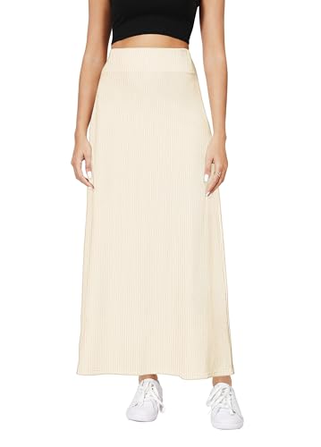 Urban CoCo Elastic Waist A-Line Long Maxi Skirt Below Knee for Women(XL,Beige)