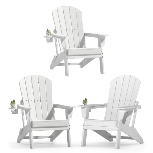 Image of Plawdlik Folding Adirondack Chair Set of 3, Cup Holder, White | pin-free folding, 38-in tall back, Wood-grain All-weather HDPE; for fire pit, poolside, deck, backyard, patio