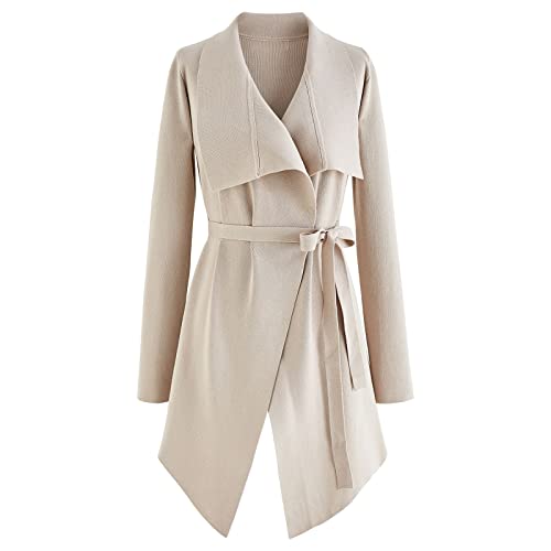 CHICWISH Women's Wide Lapel Tie Waist Knit Cardigan Coatigan Light Jacket