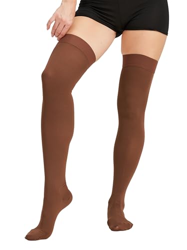 Image of TOFLY Thigh High Compression Socks for Women & Men, Closed Toe 15-20mmHg Graduated Medical Compression Stockings with Silicone Band, Opaque Support Stockings for Varicose Veins, Edema, DVT, Brown XXL