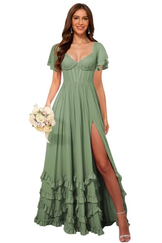 BITALY Short Sleeve Bridesmaid Dresses for Women 2025 Chiffon Long Ruffle V Neck Formal Dress with Slit BI120