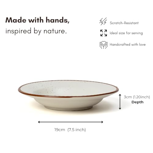 Image of Beyond Homes Ceramic Pasta Plates Shallow, 19 cm, Set of 4, White Brown | Matte Finish Ceramic Pasta Bowl | Stoneware Flat Pasta & Maggie Bowl | Chip Resistant | Microwave Safe (4, White Brown Border)