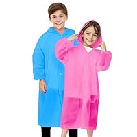 BFONS Rain Ponchos for Kids, Reusable Raincoats for Boys Girls with Hood and Sleeves, Waterproof Rain Jackets for Travel Outdoor Blue+Pink