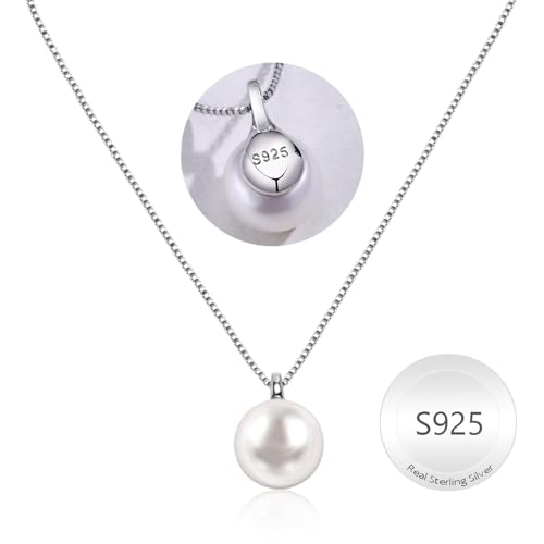 Freshwater Pearl Necklace for Women, S925 Sterling Silver Pearl Pendant Necklace Jewelry Gift, Mother Day Birthday Wedding Valentines Christmas Party 18K Dainty Single White Pearl Choker Necklaces for Mom Friends Grandma Daughter