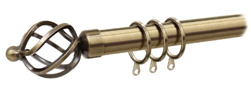 Pristine Extendable Curtain Pole - 2 Sizes, 3 colour Poles with choice of 3 Finials (170cm - 300cm, Antique Brass Pole with Cage Finial)