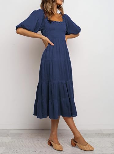 Image of R.Vivimos Women's Summer Cotton Lantern Sleeves Ruffled Off Shoulder A-Line Midi Dresses