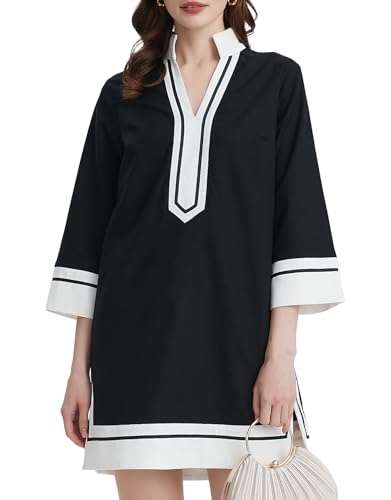 Kedera Women's Linen Shift Dress V Neck 3/4 Sleeve Deep V Neck Casual Mini Collared Dress for Summer Work with Pockets