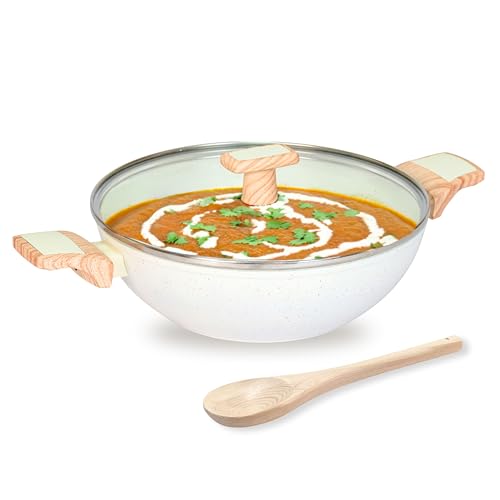 Image of Kreme Ceracook Ceramic Coated Granite Kadai 3.2L /26cm with Glass Lid, Deep Frying Kadhai, ISI Certified, Forged Aluminium, Gas & Induction Use, Non Toxic PFAS & PTFE Free, 1 Yr Warranty, Ivory
