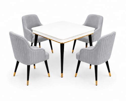 Image of WOODEN SPACE 4 Seater Wooden Dining Table Set | Urban Marble Top Dining Table with Chairs for Dining Room & Kitchen (Modern Zyro Light Grey) (42 x 42 x 30 inch)