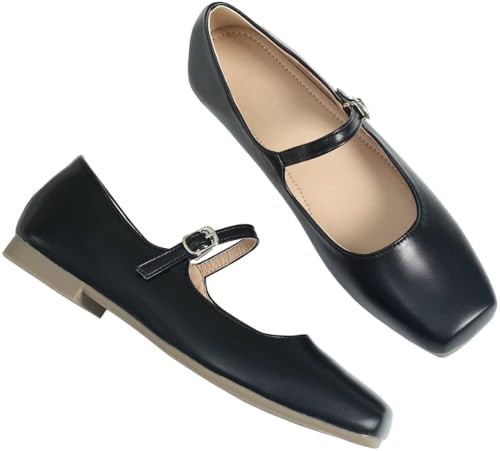 Stunner Mary Jane Flats for Women Classical Square Toe Ballet Flats Soft One Line Buckle Strap Flats